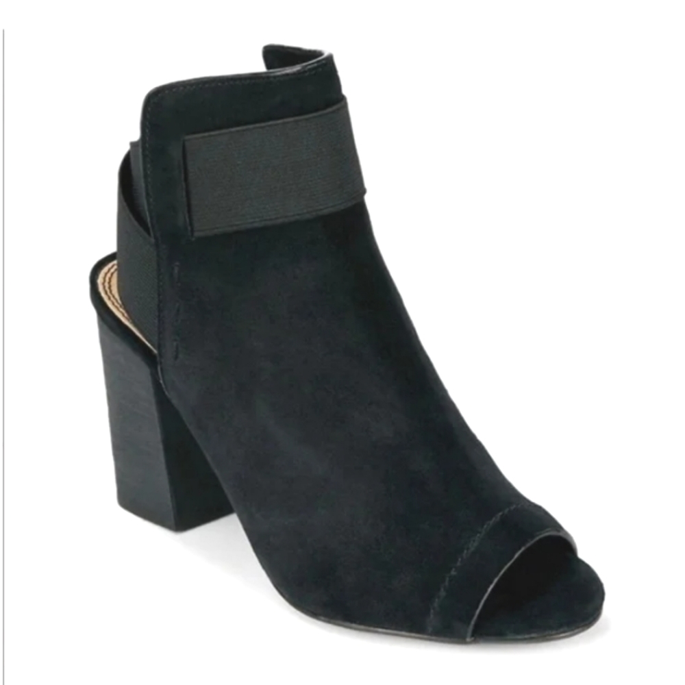 SPLENDID Diana Black Suede Peep Toe Chunky Heeled Bootie Sandals 7.5M